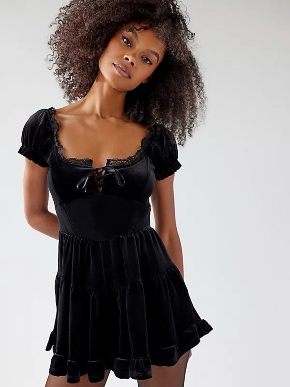 Urban Outfitters Black Velvet Lace-Trim Mini Dress